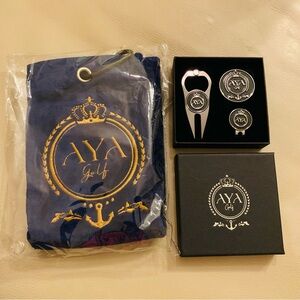 Golf Accessory Set - Blue and Gold/Silver 4 items NEW never used AYA golf